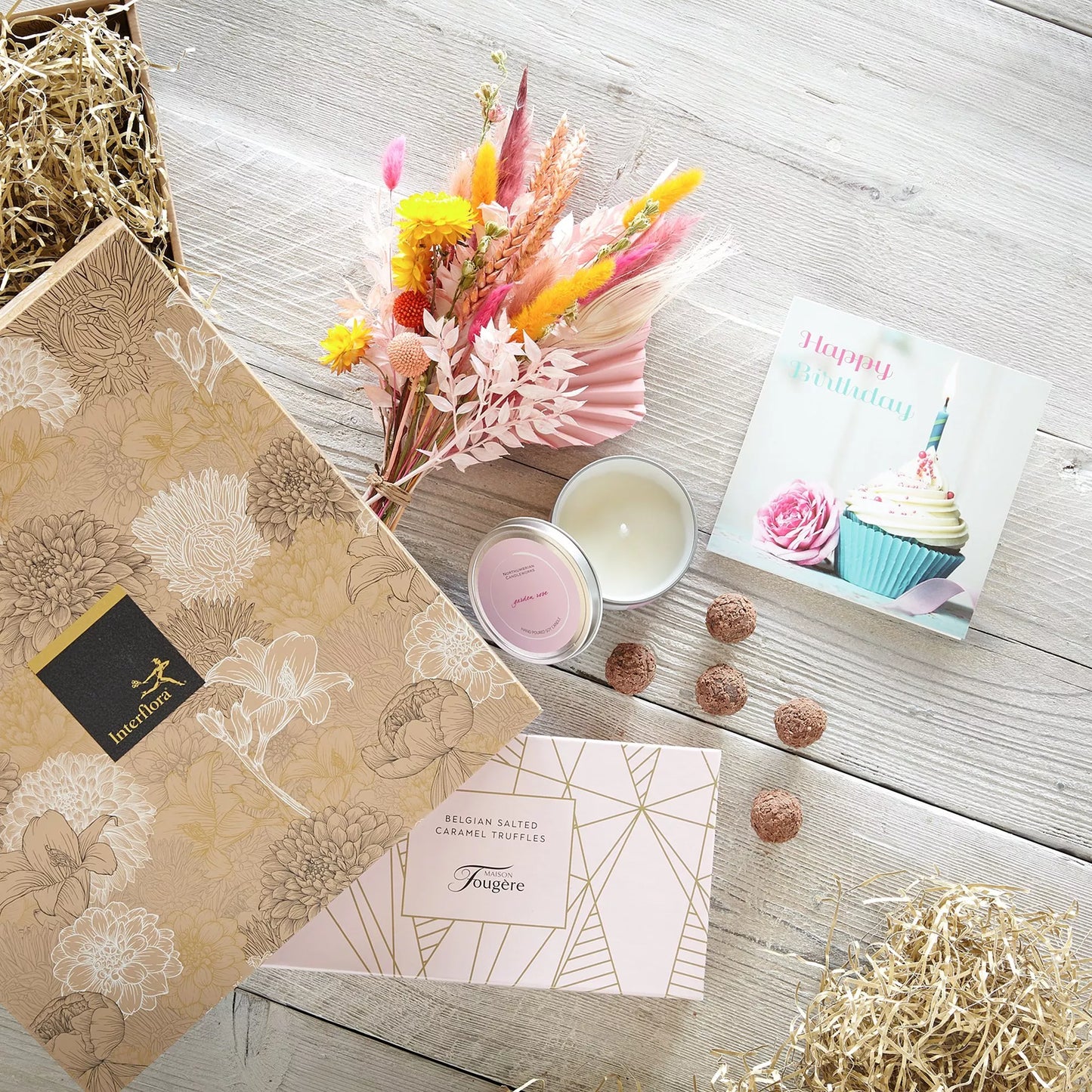 Birthday Dried Flowers, Candle and Caramel Truffles Gift Set